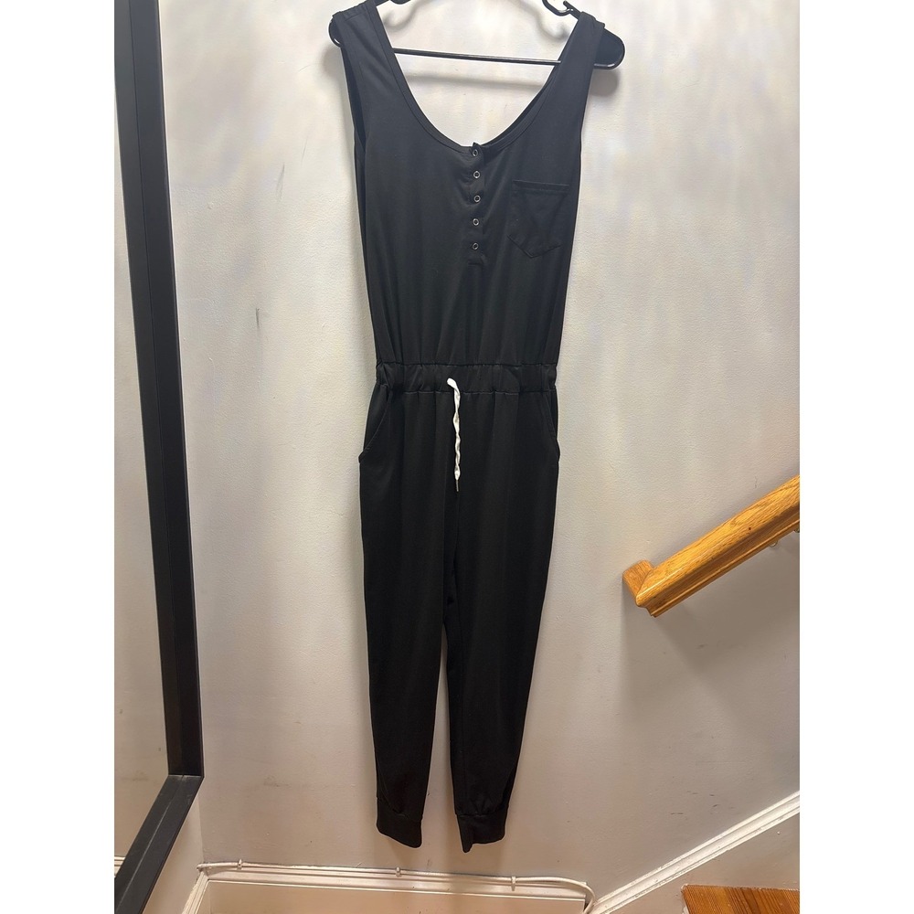 Abollria Henley Jogger Jumpsuit Womens M Black Sleeveless Pockets